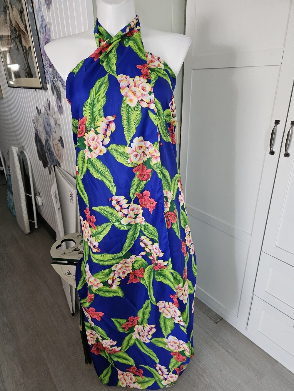 VTG Hilo Hattie Hawaiian Sarong Wrap Dress OSFM Pareau Beach Coverup Blue